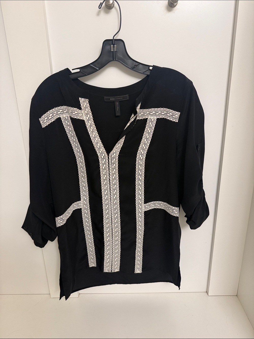 BCBGMaxAzria Black Tunic with White Embroidered Trim